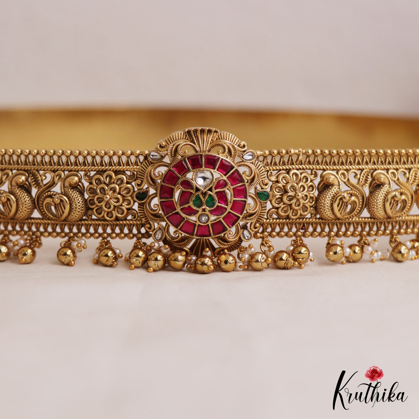 Stunning Antique Floral Peacock Motifs Kemp Hip Belt With Golden Bead Drops V355 (Available In 2 Colors)