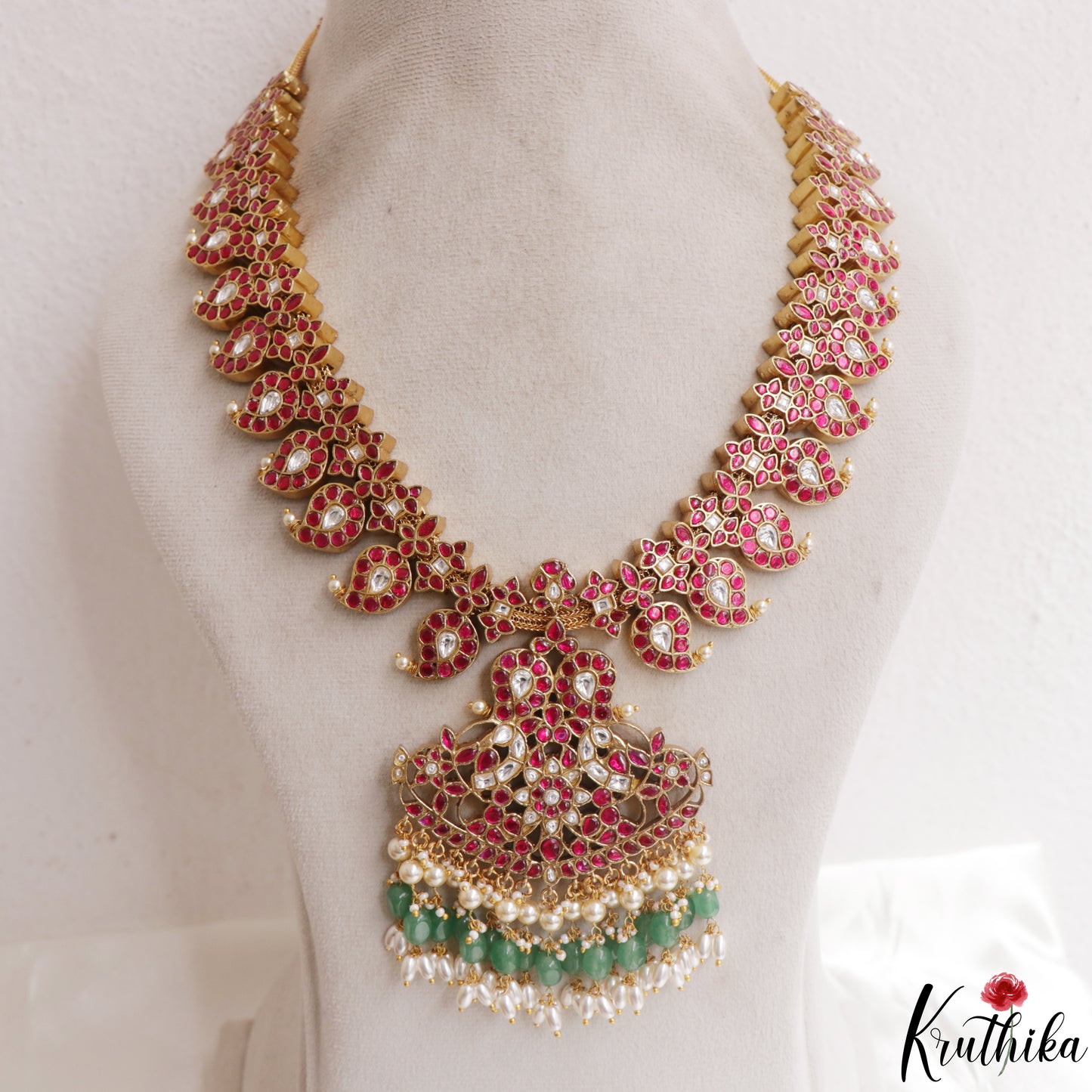 Grand Two-In-One Reversible Mango Peacock Motifs Jadau Haaram With Green Bead Drops LH2141