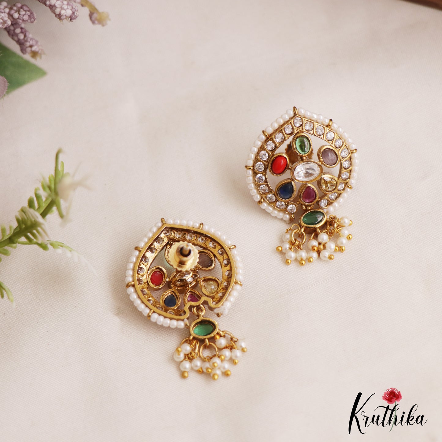Elegant Pearl Border Floral Stud Earrings With Pearl Drops E1110 (Available In 5 Colors)