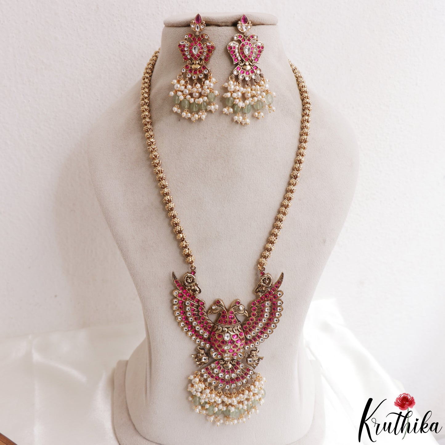 Gorgeous Jadau Gandaberunda Pendant Haaram With Pearl Bead Drops LH2160