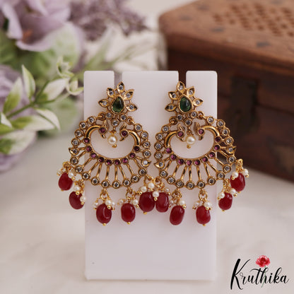 Stunning Peacock Floral Motifs  chandbali Earrings With Pearl And Bead Drops E886 (Available In 2 Colors)