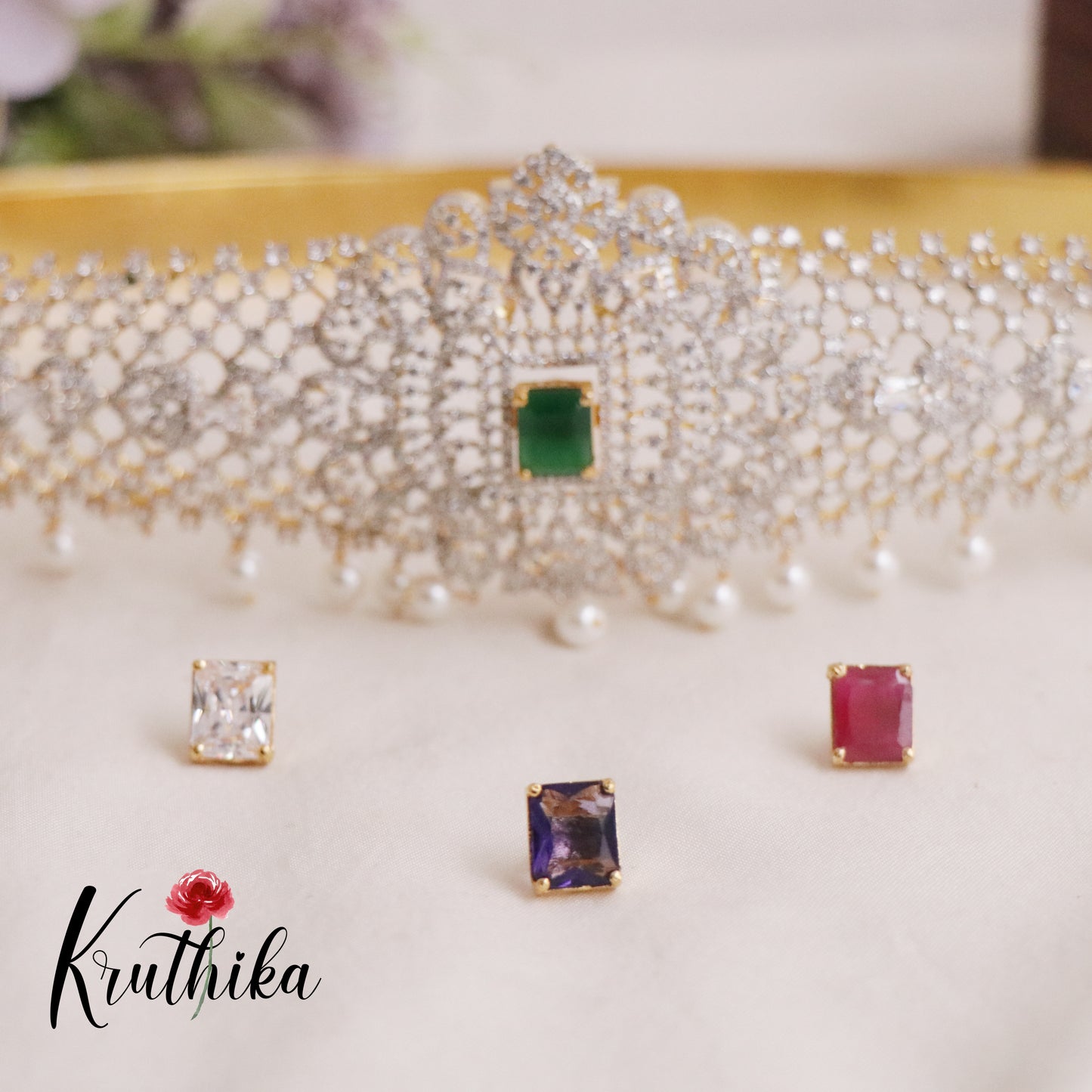 Beautiful CZ Sparkling Changeable Stone with Pearls Drops  Hip Belt V276