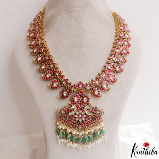 Grand Mango Peacock Motifs Jadau Haaram With Green Bead Drops LH2141 (Available In 2 Colors)