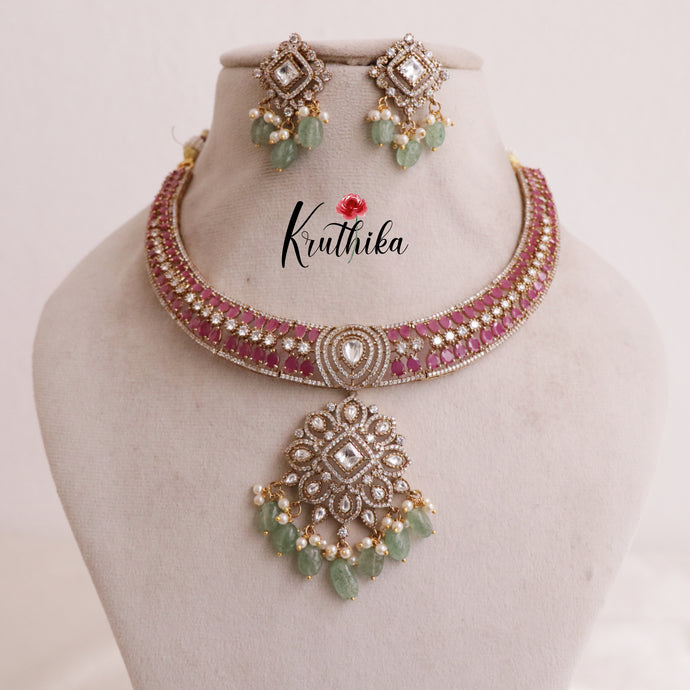 Pre order-Trendy AD Victorian hasli necklace with bead drops NC1890 (Available in two colors)-Pre order 25 to 30 days
