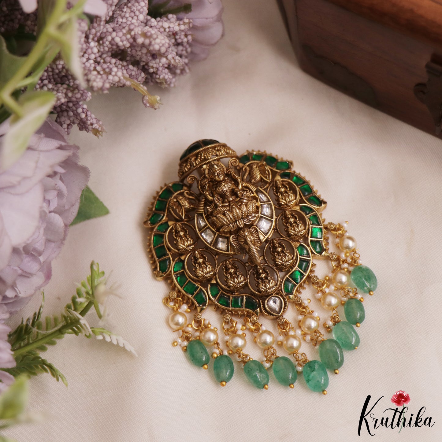 Premium Antique Nagas Lakshmi Motifs Jadau Pendant With Green Bead Drops PS293 (Available In 3 Colors)