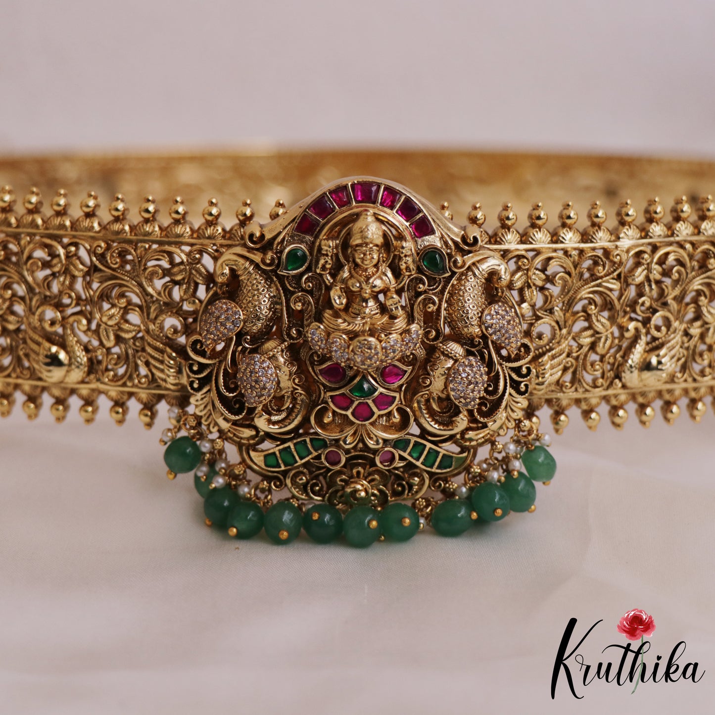 Gorgeous Antique Nagas Lakshmi Motifs Jadau Hip Belt With Bead Drops V336 (Available In 2 colors)