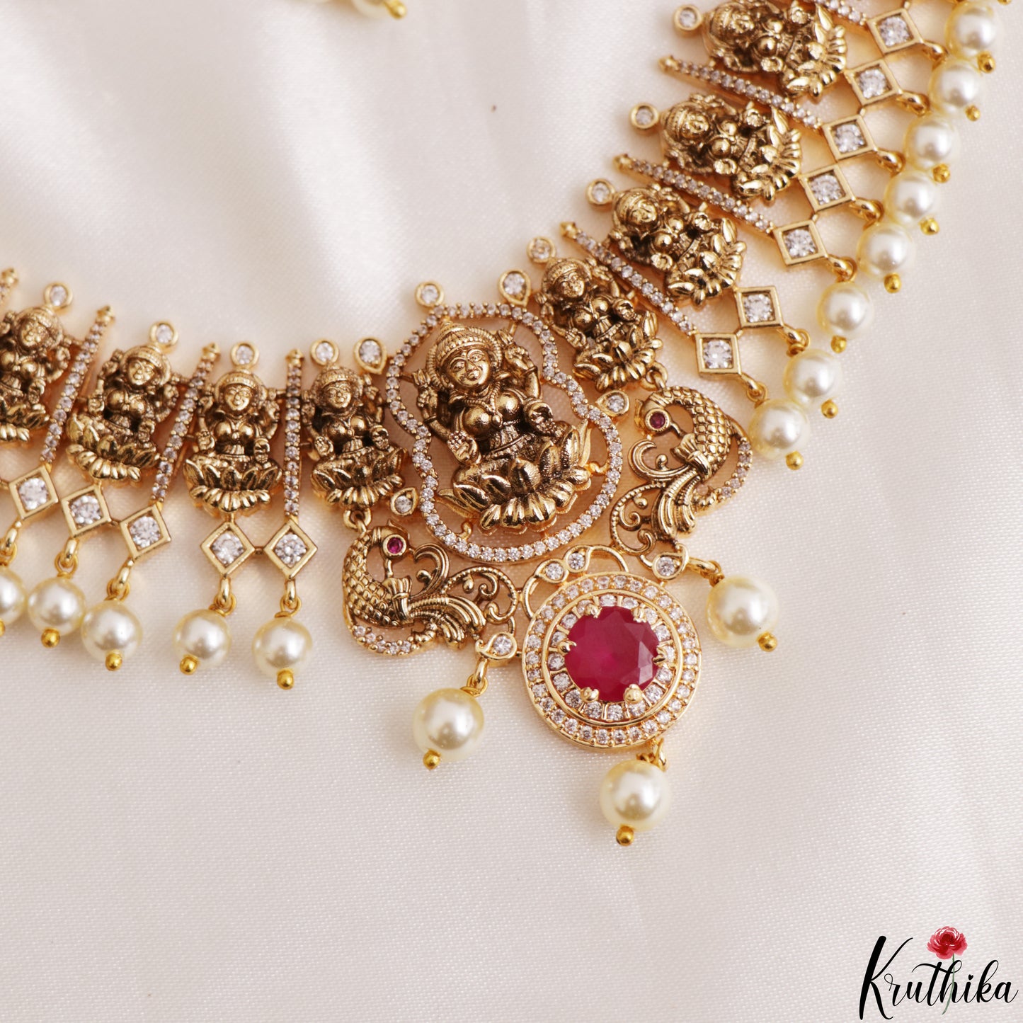 Premium Antique Nagas Lakshmi Motifs Temple Choker With Pearl Drops NC3178 (Available In 2 Colors)