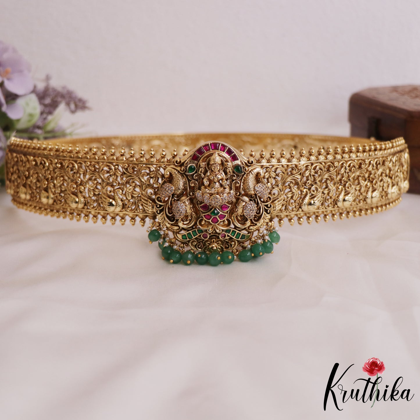 Gorgeous Antique Nagas Lakshmi Motifs Jadau Hip Belt With Bead Drops V336 (Available In 2 colors)
