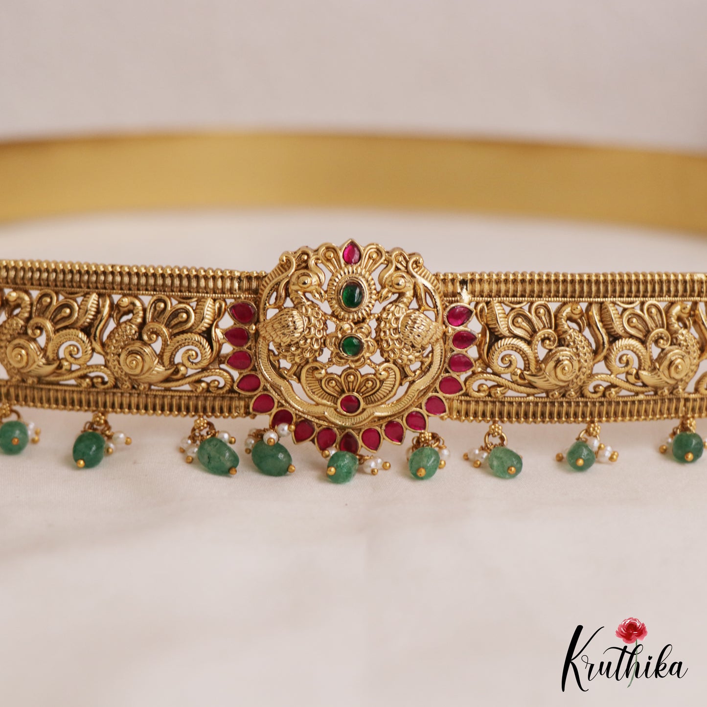Premium Antique Peacock Motifs Kemp Hip Belt With Bead Drops V354 (Available In 4 Colors)