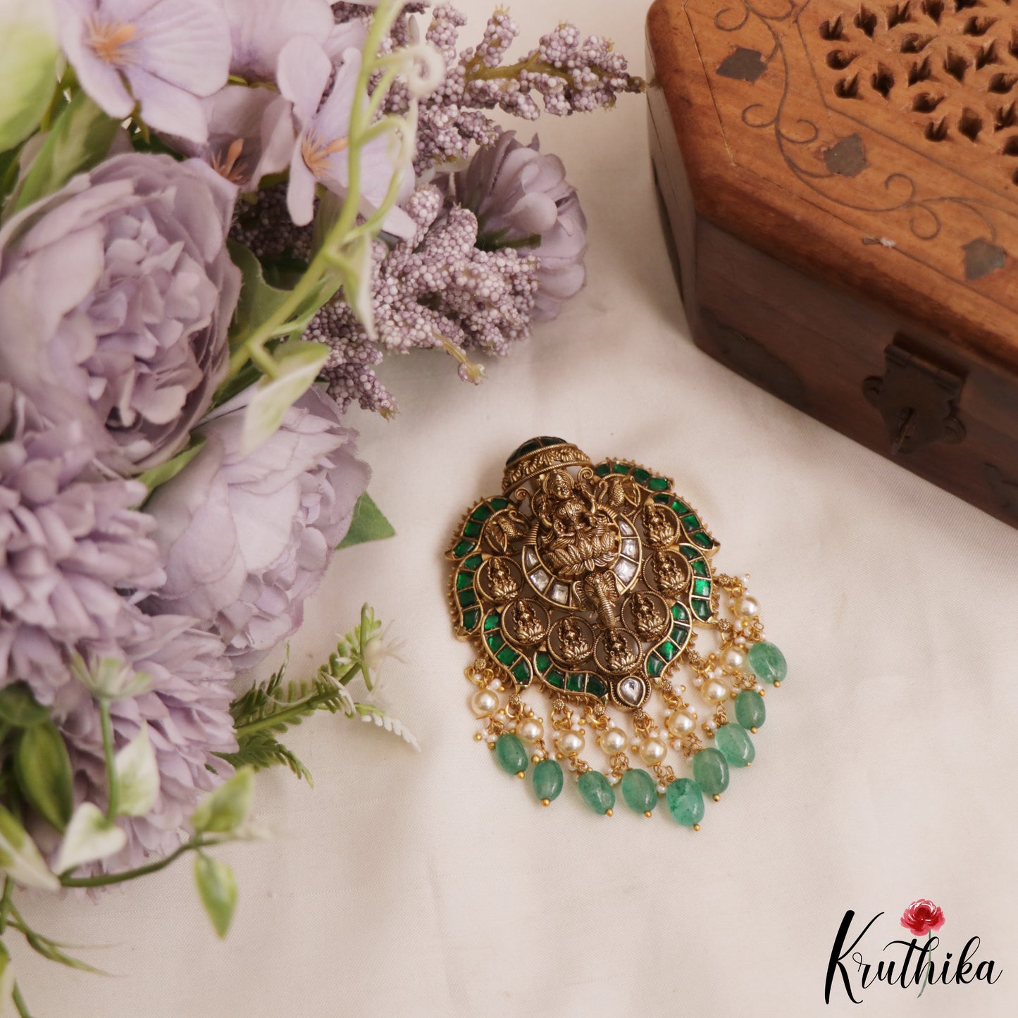 Premium Antique Nagas Lakshmi Motifs Jadau Pendant With Green Bead Drops PS293 (Available In 3 Colors)