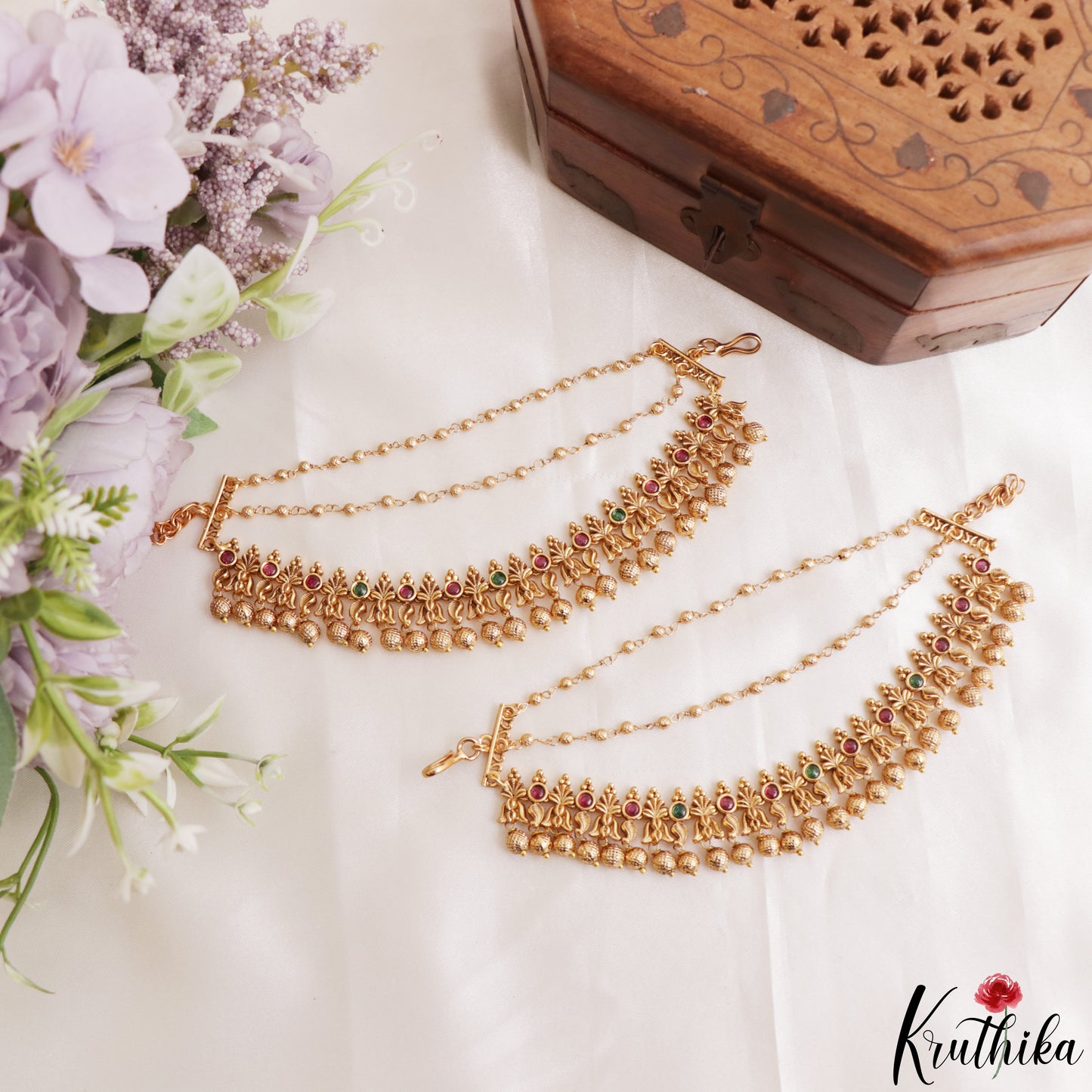 Premium Floral Motifs Multi Strand Earchains With Golden Bead Drops EC230