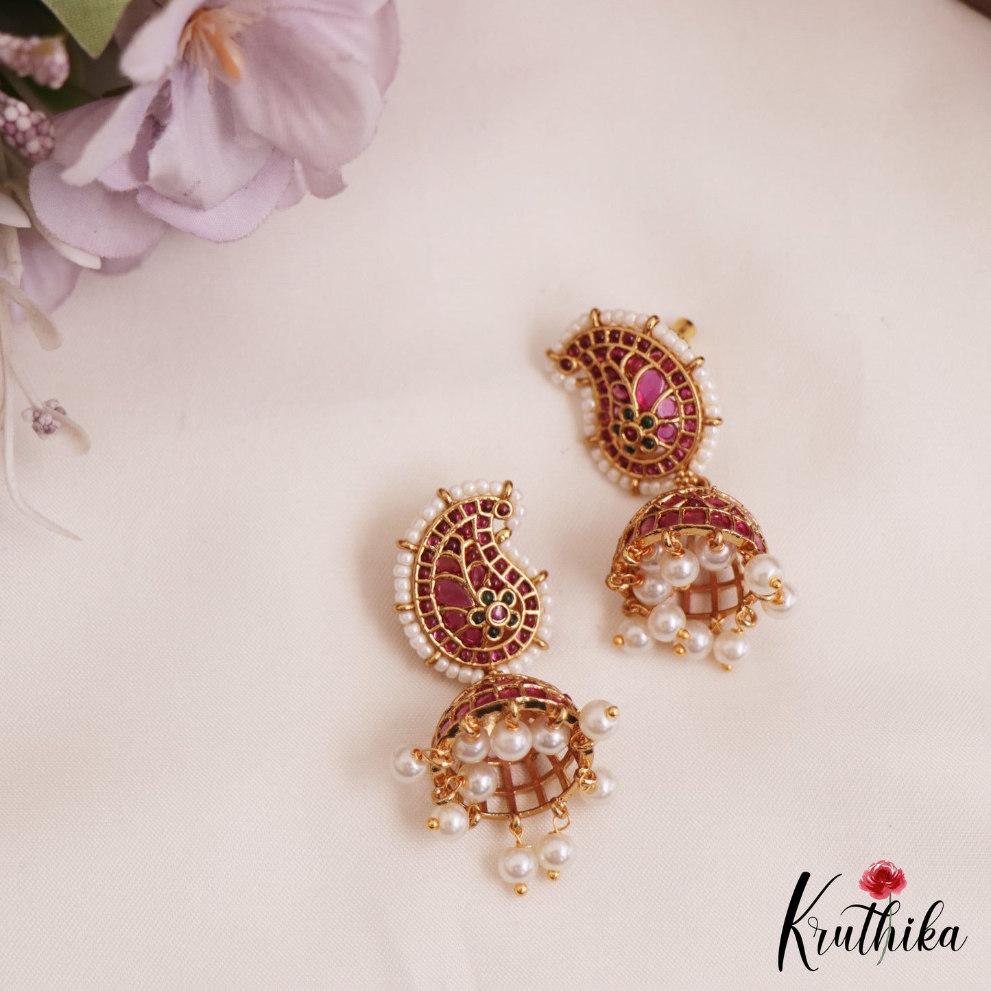 Classic Pearl Border Mango Motifs Kemp Jhumka E1020 (Available In 2 Colors)