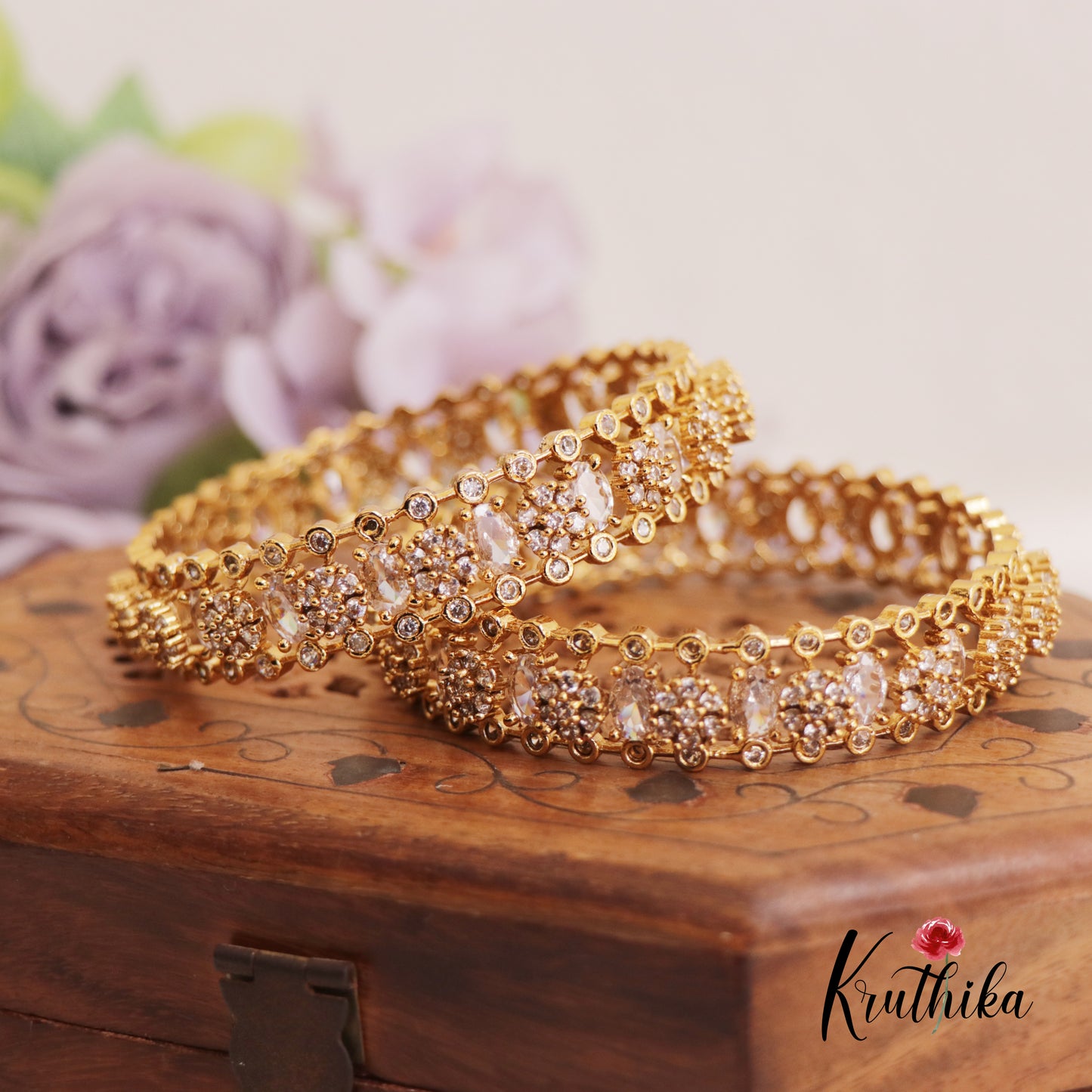 Beautiful Sparking Floral AD/Victorian Bangles B412 Set Of 2 (Available in 3 Colours)