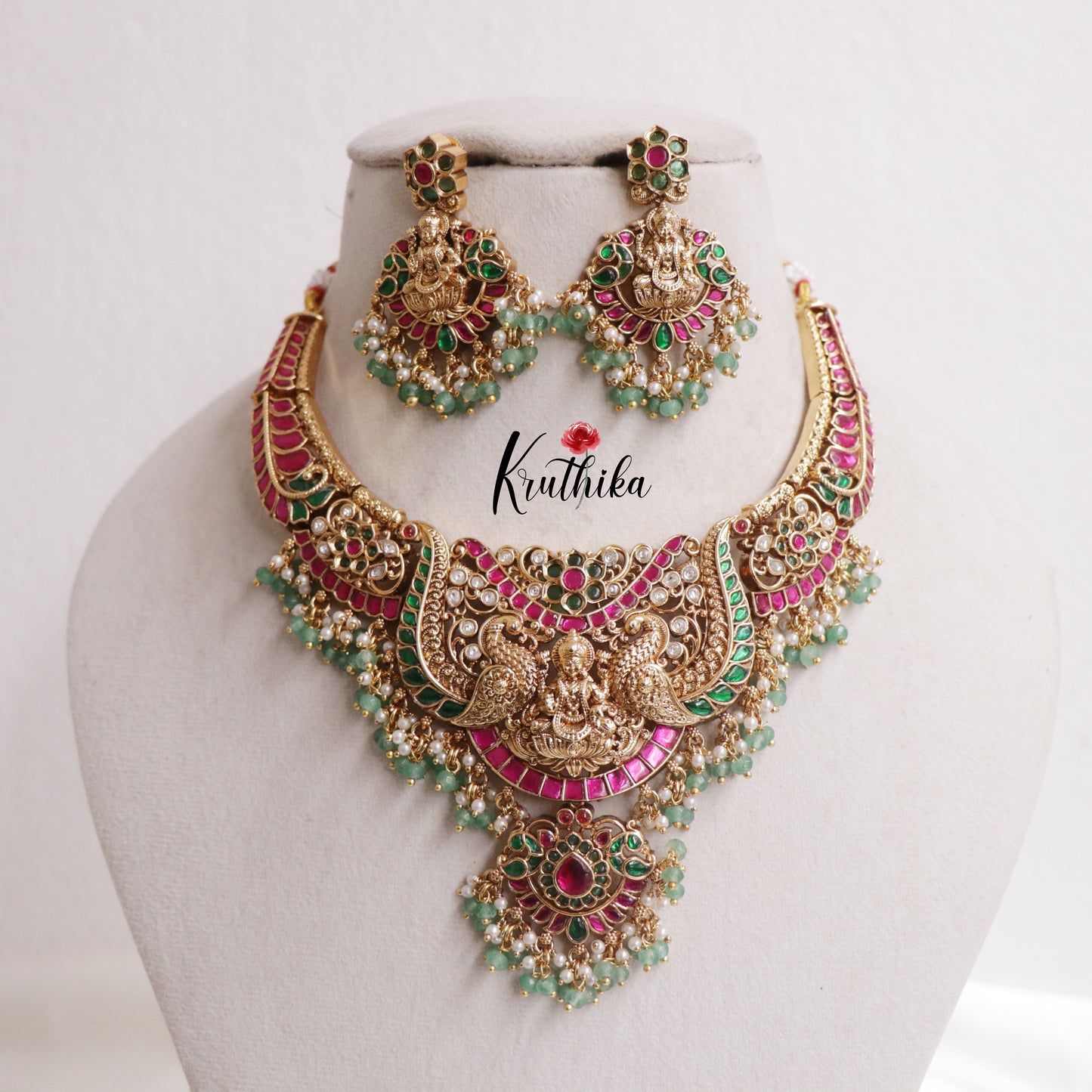 Royal Temple Lakshmi Peacock Jadau Necklace with Golden Beads Drops NC2418 ( Available in 2 colours)