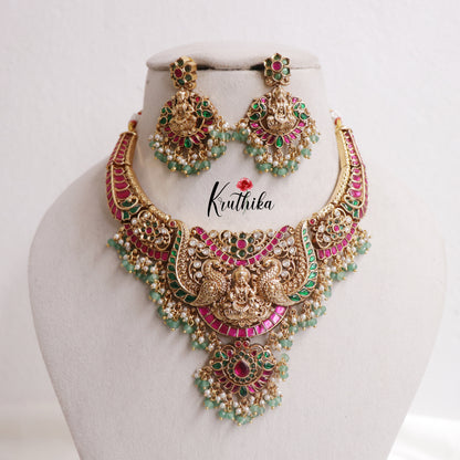 Royal Temple Lakshmi Peacock Jadau Necklace with Golden Beads Drops NC2418 ( Available in 2 colours)