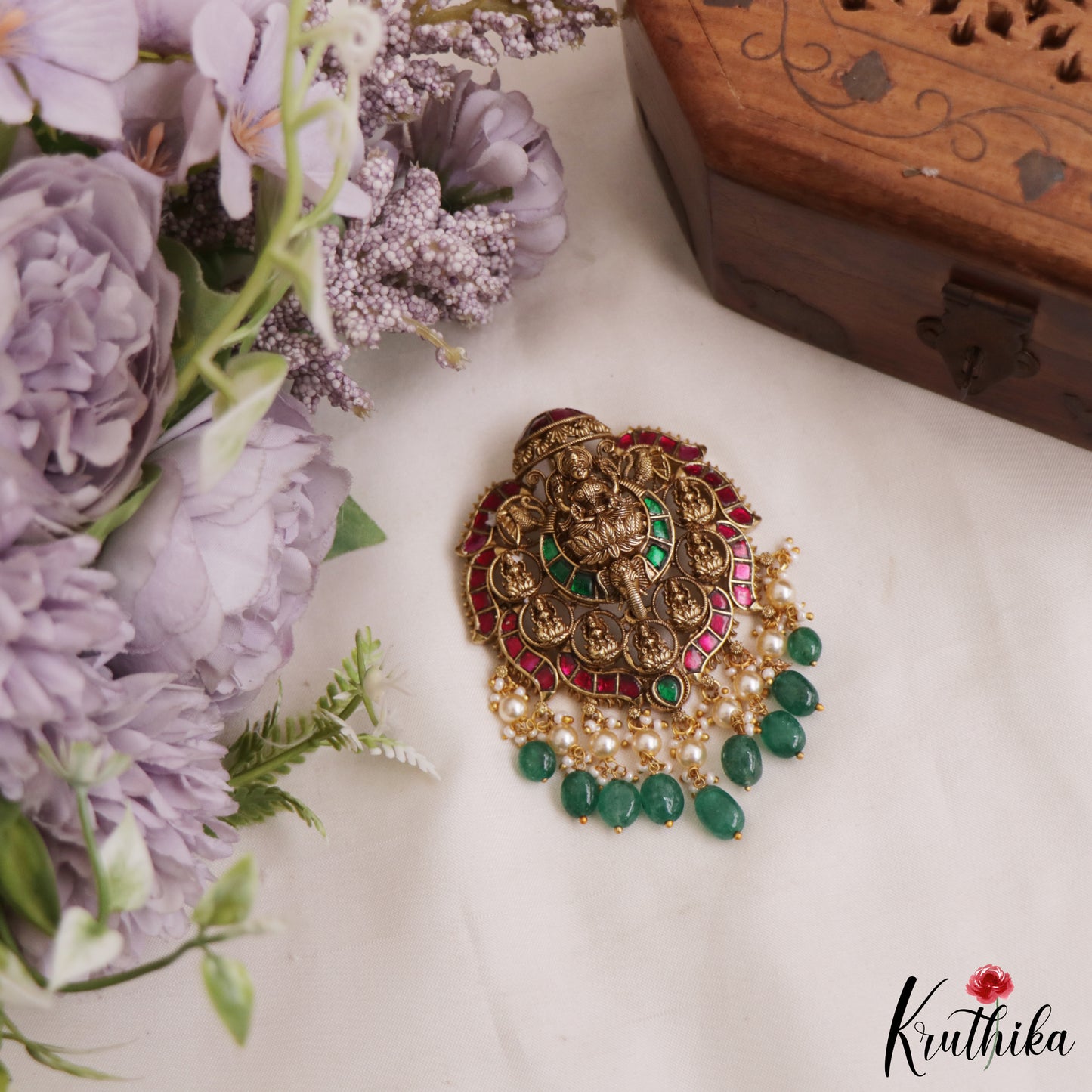 Premium Antique Nagas Lakshmi Motifs Jadau Pendant With Green Bead Drops PS293 (Available In 3 Colors)