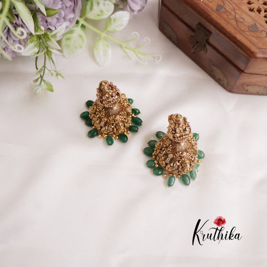 Premium AD Lakshmi Jhumkas with Green Beads Drops E670
