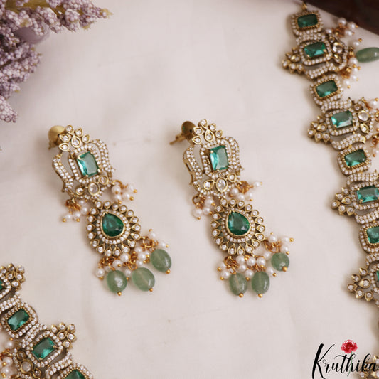 Stunning Geometric Motifs AD Victorian Haaram With Mint Green Bead Drops LH2102