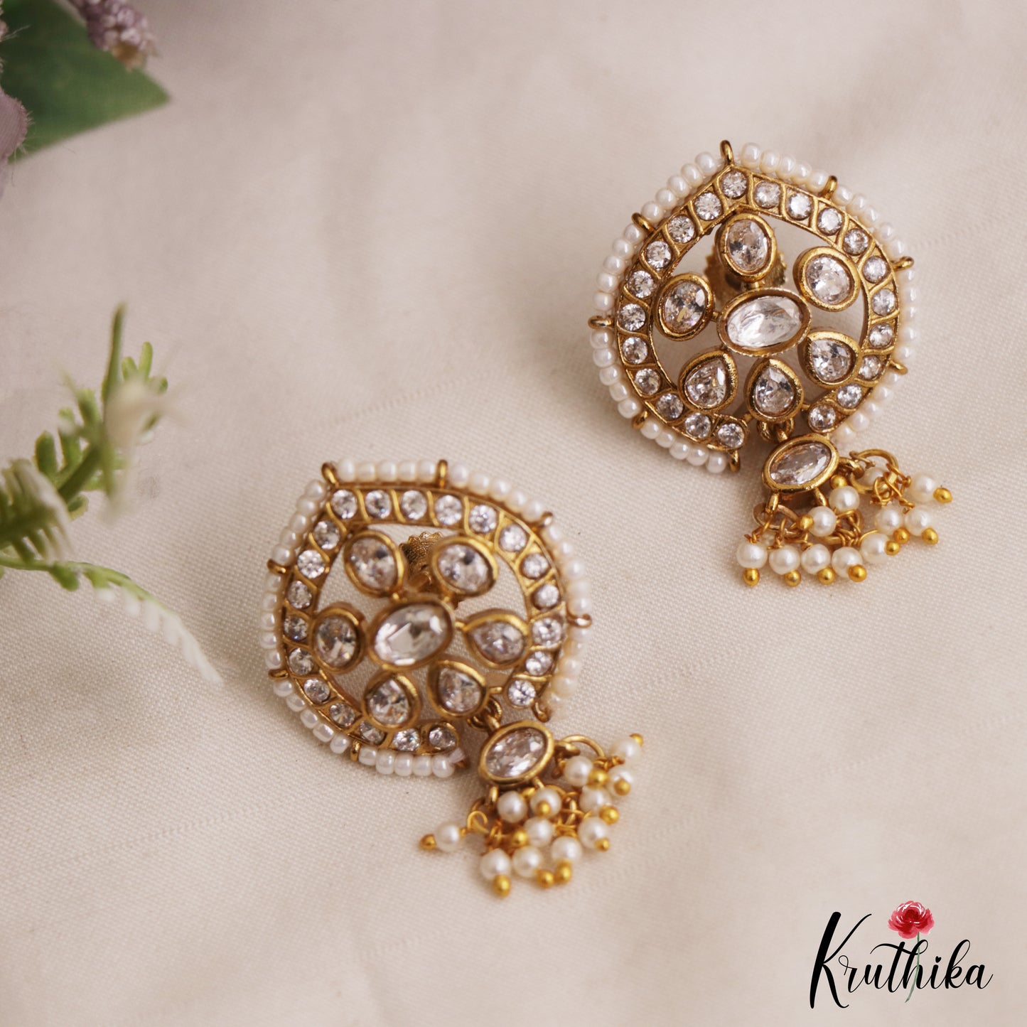 Elegant Pearl Border Floral Stud Earrings With Pearl Drops E1110 (Available In 5 Colors)
