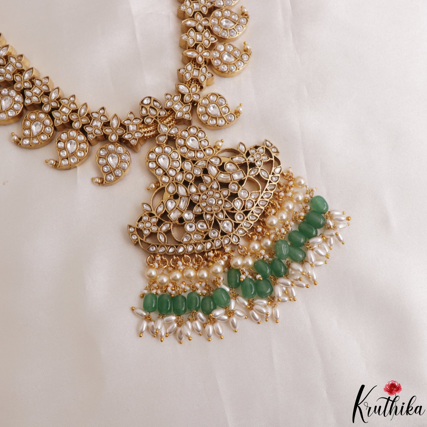 Grand Mango Peacock Motifs Jadau Haaram With Green Bead Drops LH2141 (Available In 2 Colors)