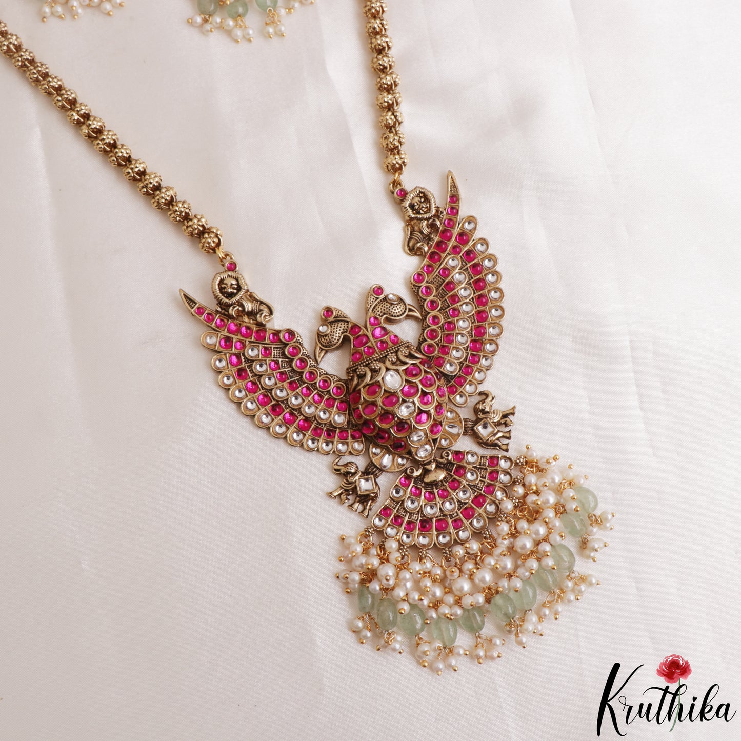 Gorgeous Jadau Gandaberunda Pendant Haaram With Pearl Bead Drops LH2160