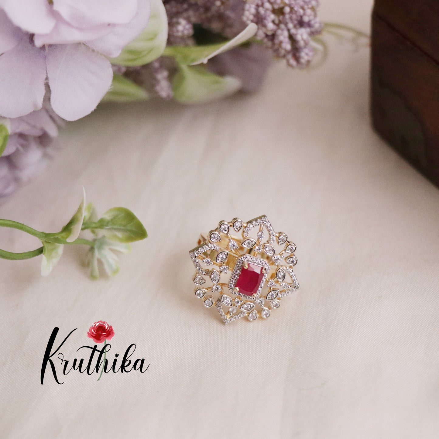 Beautiful CZ Sparking Floral Finger Ring R48 (Available in 3 Colours)