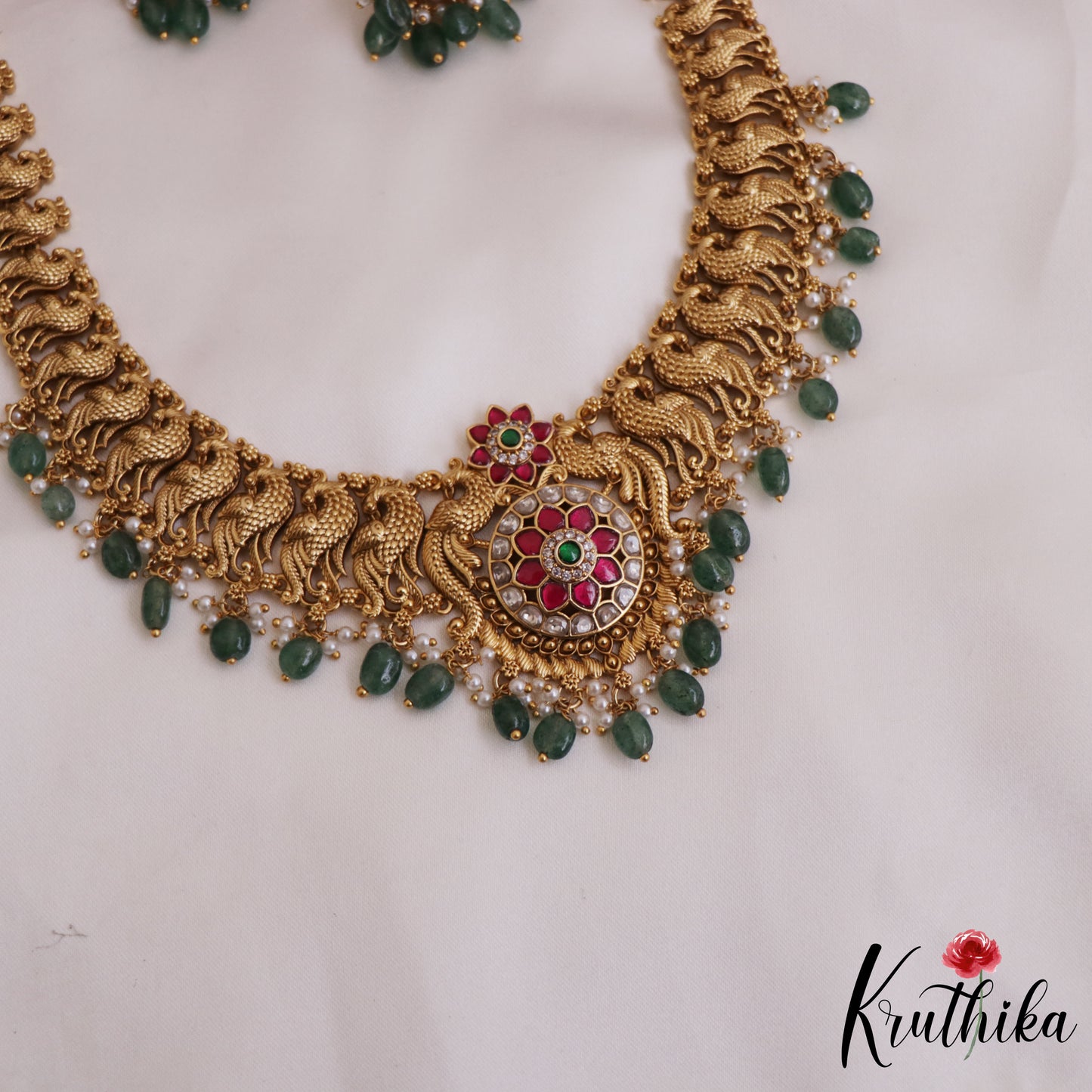 Gorgeous Antique Floral Peacock Motifs Jadau Haaram With Bead Drops LH2048 (Available In 4 Colors)