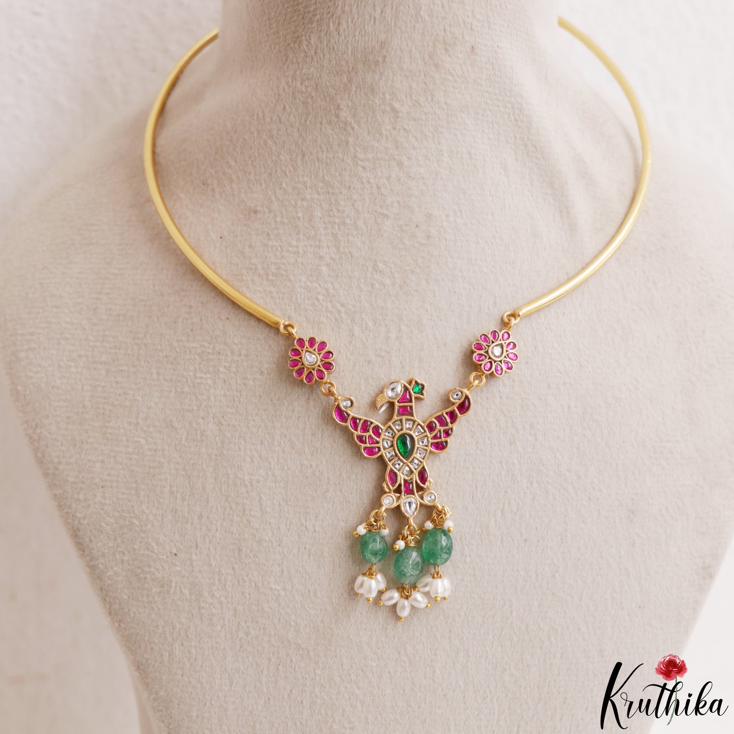 Elegant Garuda Motifs Jadau Hasli Choker With Green Bead Drops NC3212 (Available In 2 Colors)
