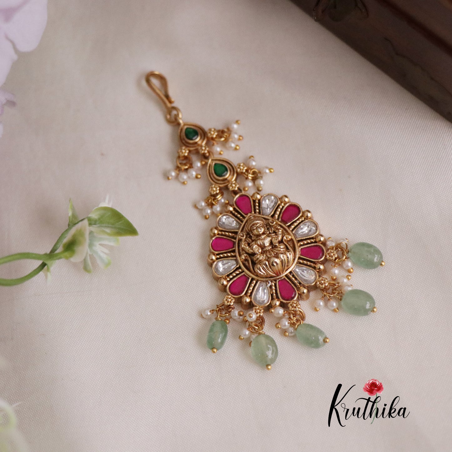 Beautiful Jadau Maang Tikka with Pastel Green Beads MT269