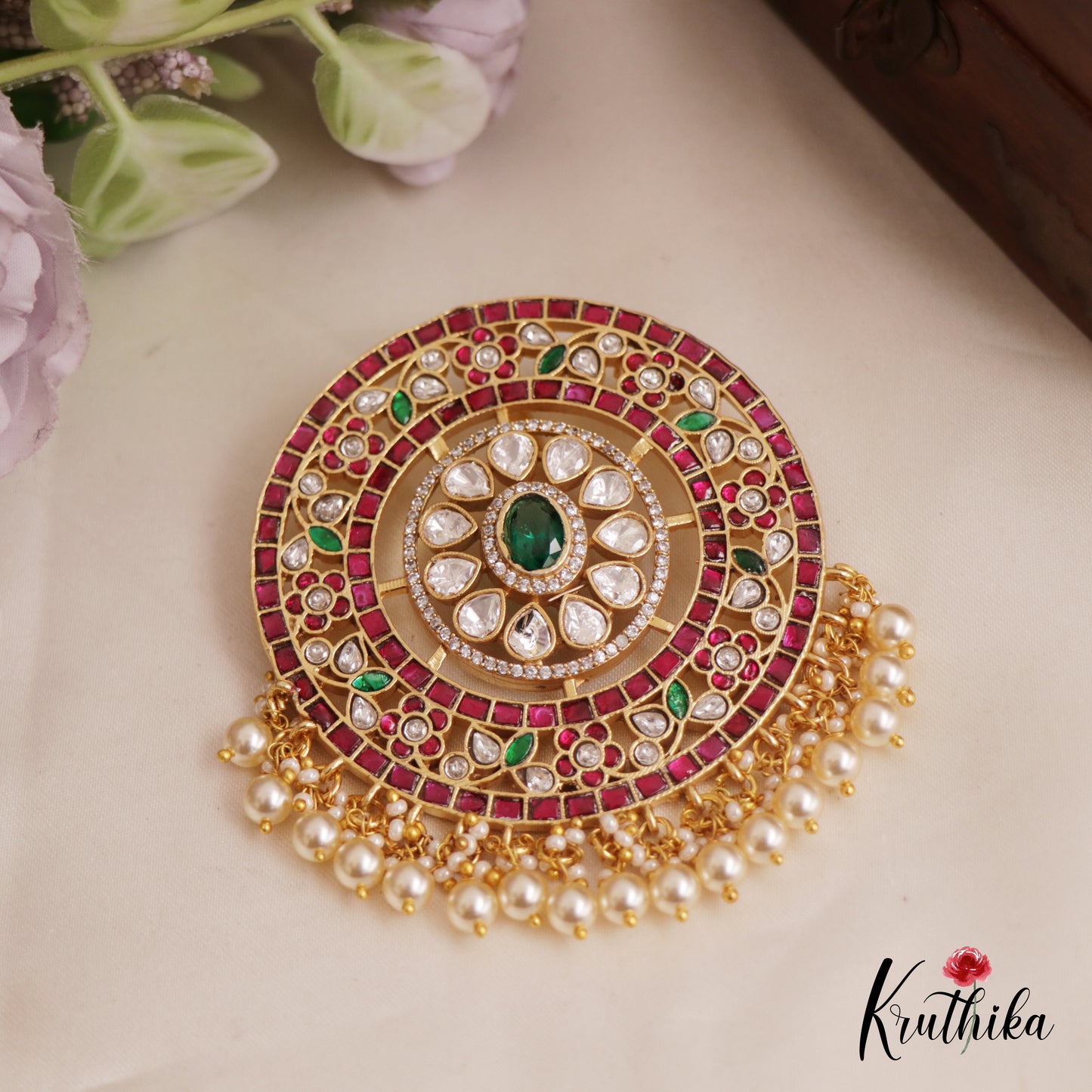 Premium Floral Jadau Pendant With Pearl And Bead Drops PS252