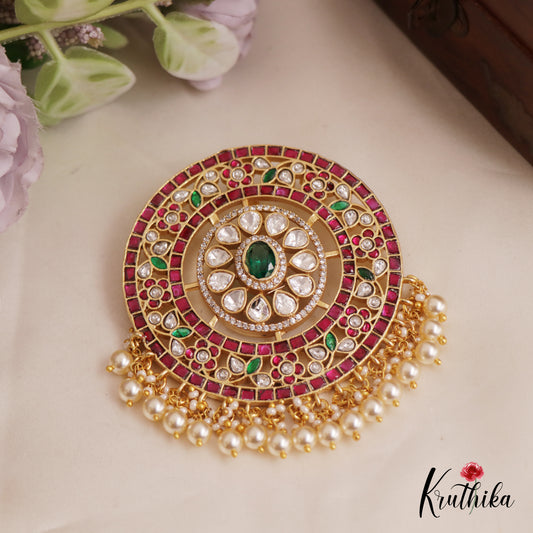 Premium Floral Jadau Pendant With Pearl And Bead Drops PS252