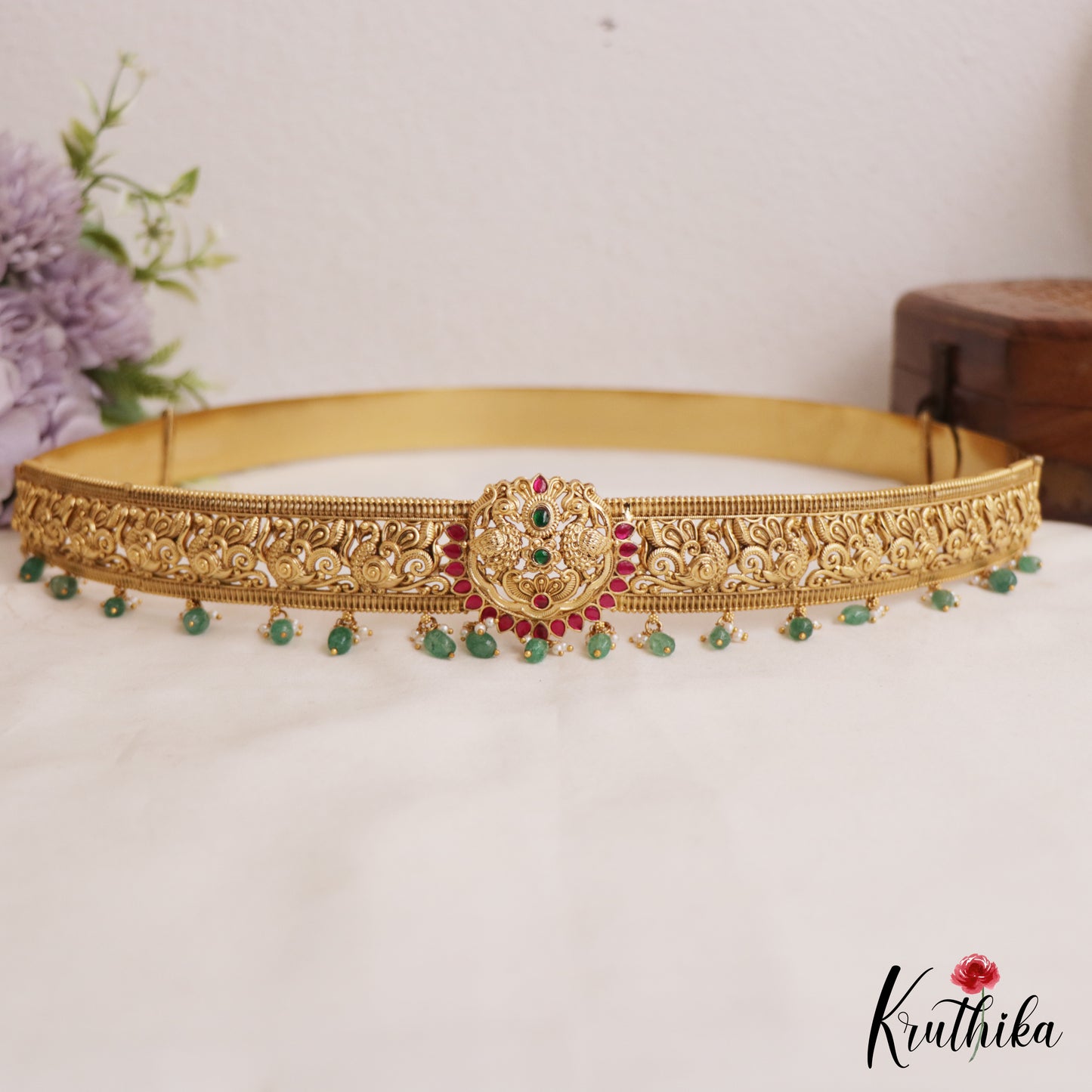 Premium Antique Peacock Motifs Kemp Hip Belt With Bead Drops V354 (Available In 4 Colors)