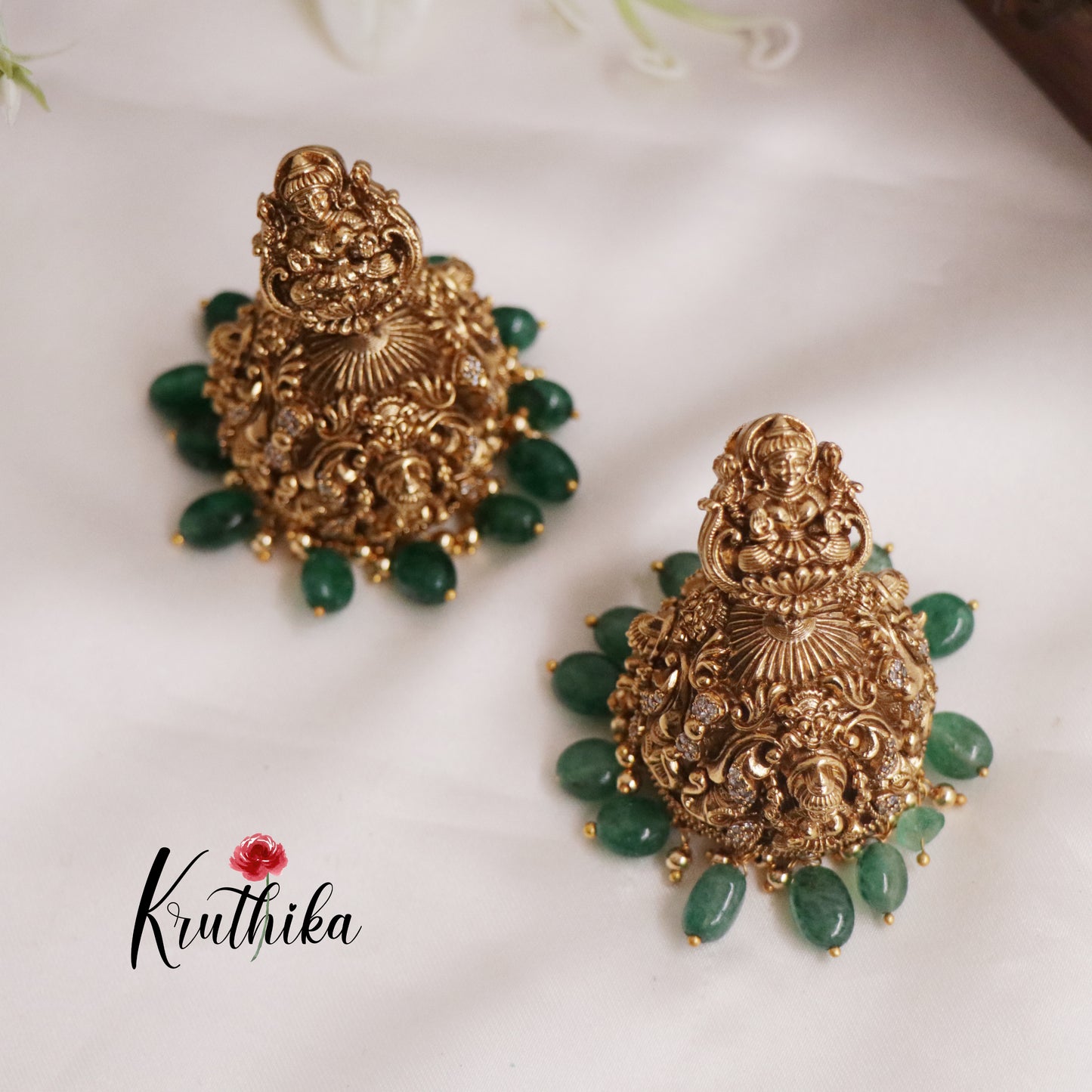 Premium AD Lakshmi Jhumkas with Green Beads Drops E670