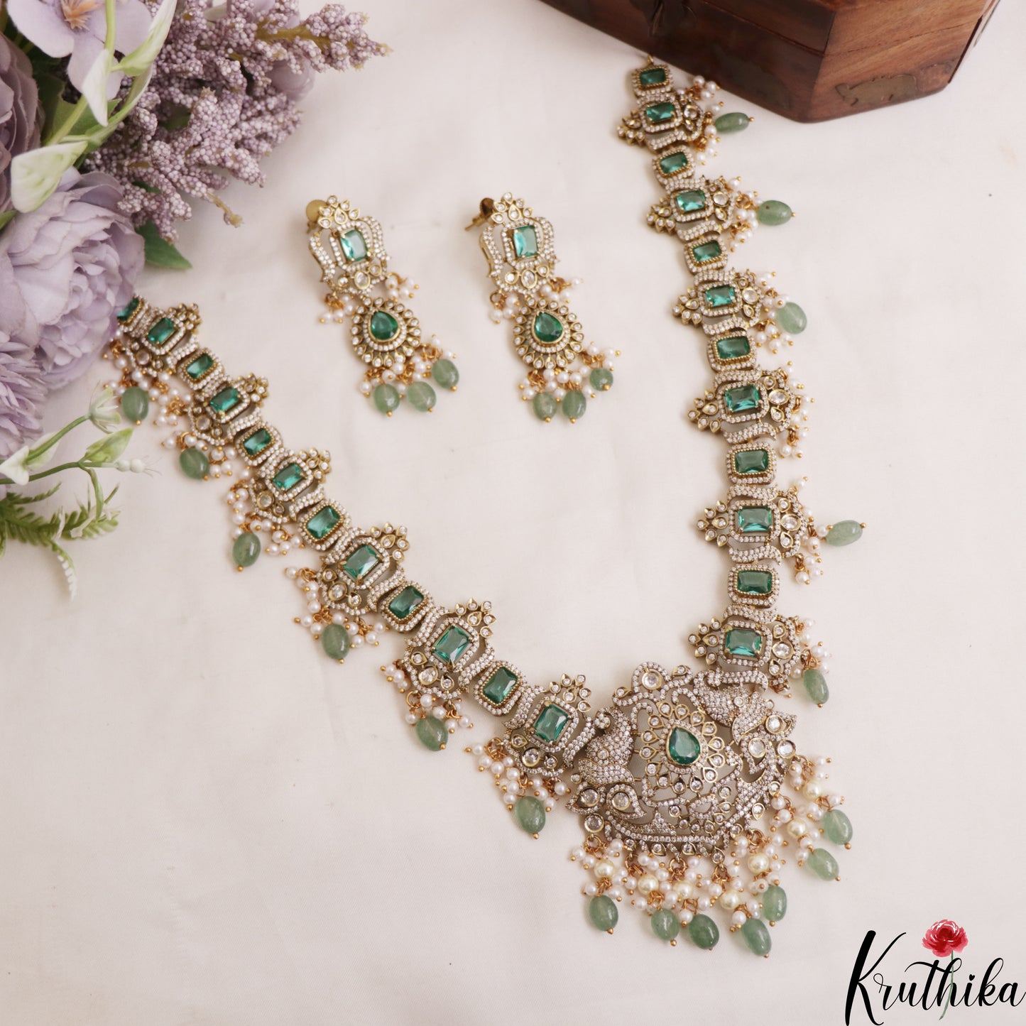 Stunning Geometric Motifs AD Victorian Haaram With Mint Green Bead Drops LH2102