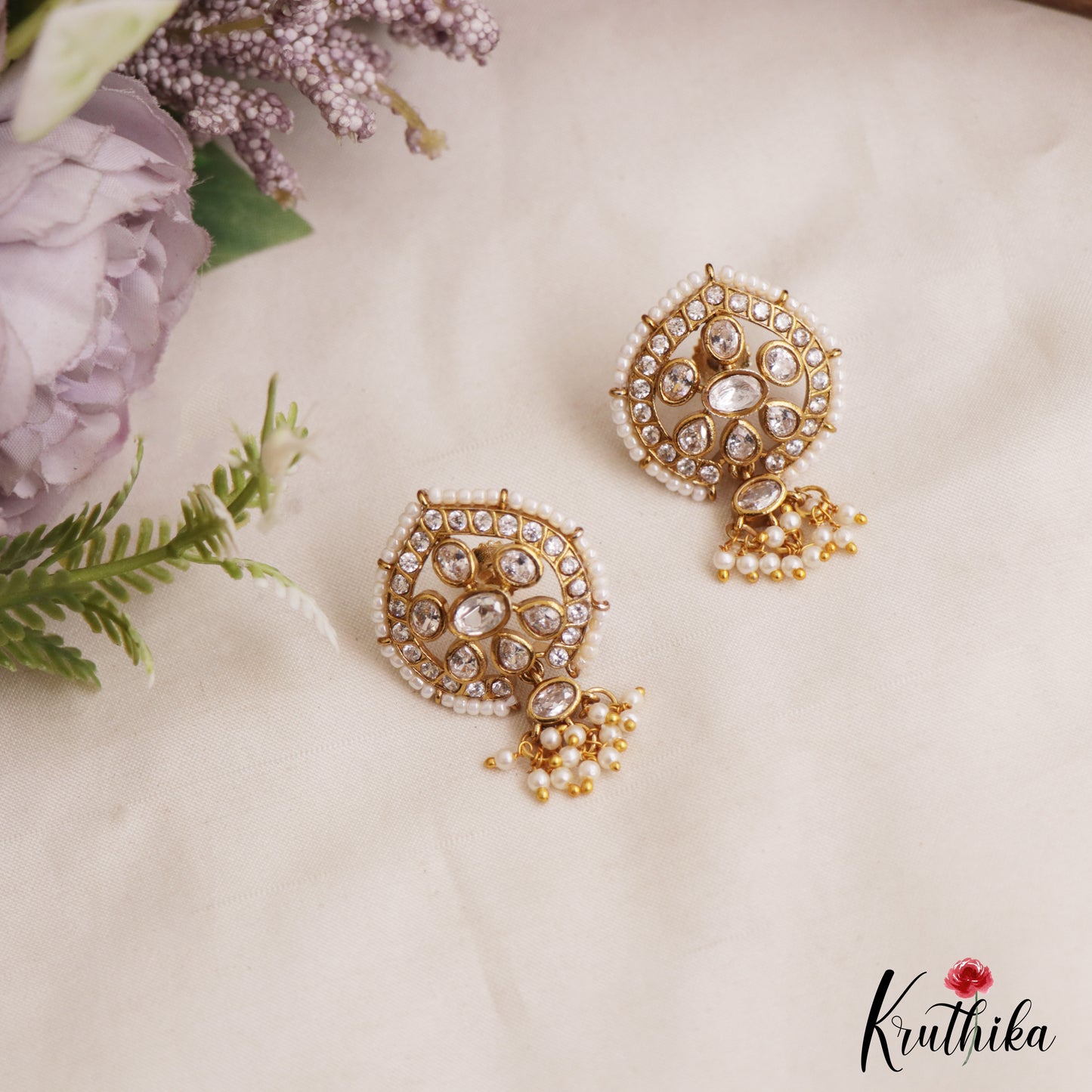 Elegant Pearl Border Floral Stud Earrings With Pearl Drops E1110 (Available In 5 Colors)