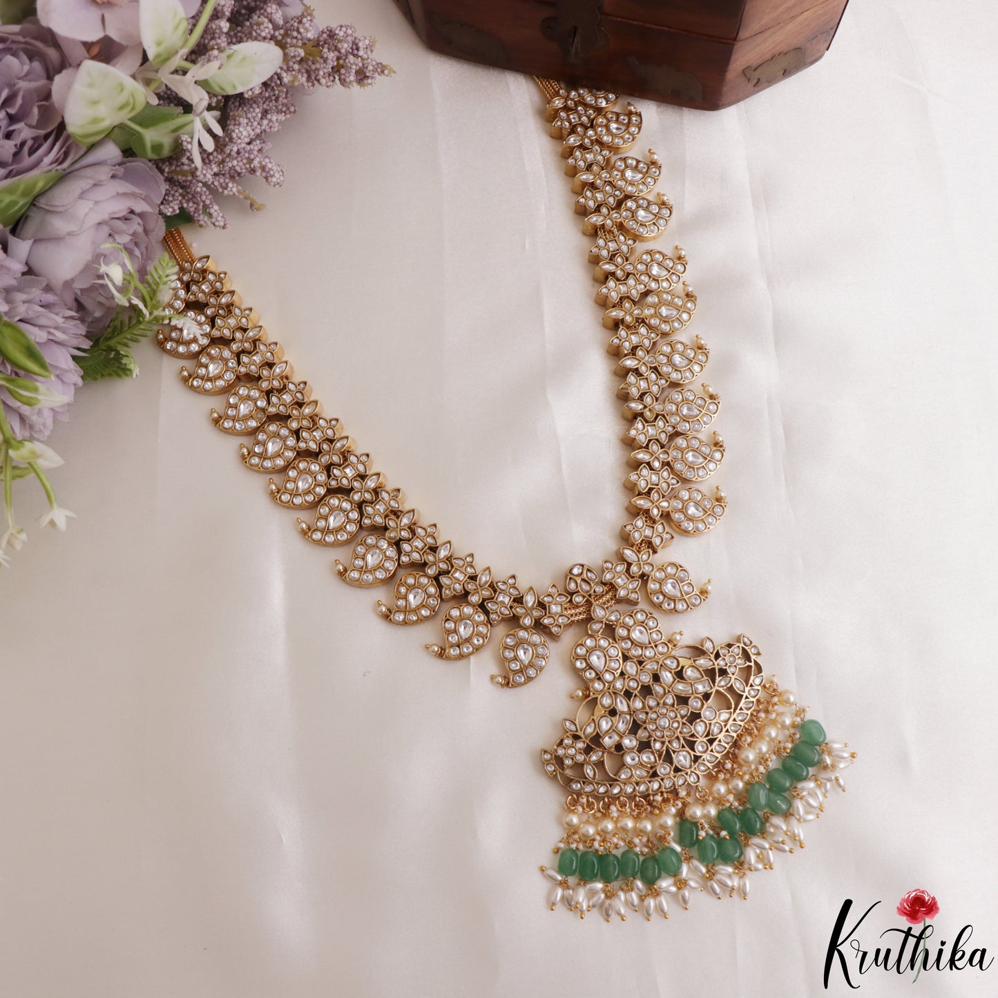 Grand Two-In-One Reversible Mango Peacock Motifs Jadau Haaram With Green Bead Drops LH2141