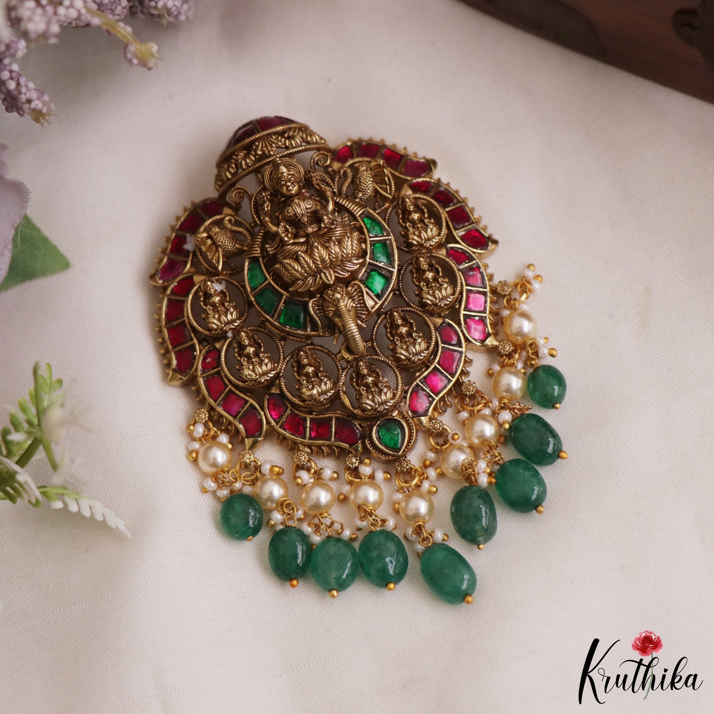Premium Antique Nagas Lakshmi Motifs Jadau Pendant With Green Bead Drops PS293 (Available In 3 Colors)