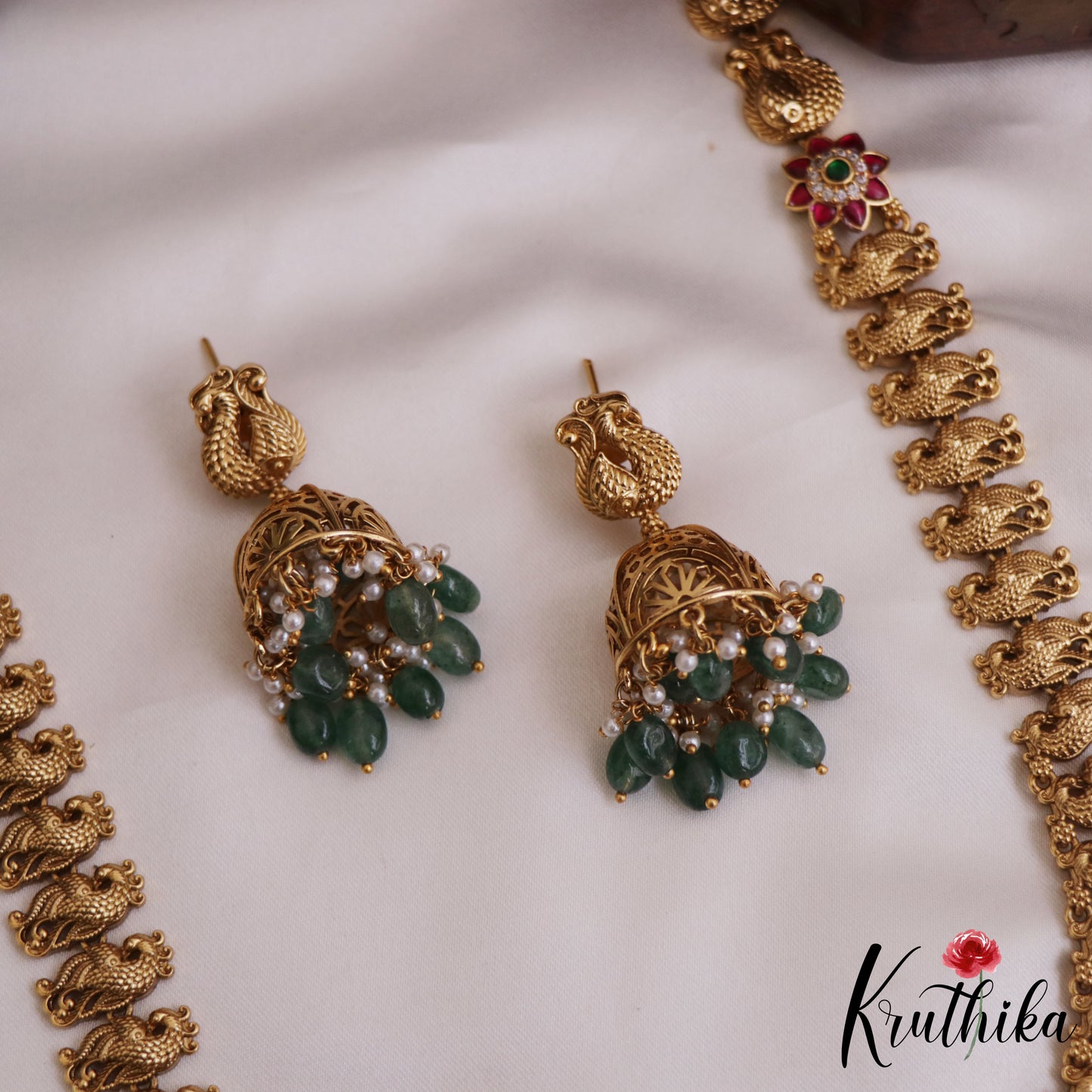 Gorgeous Antique Floral Peacock Motifs Jadau Haaram With Bead Drops LH2048 (Available In 4 Colors)