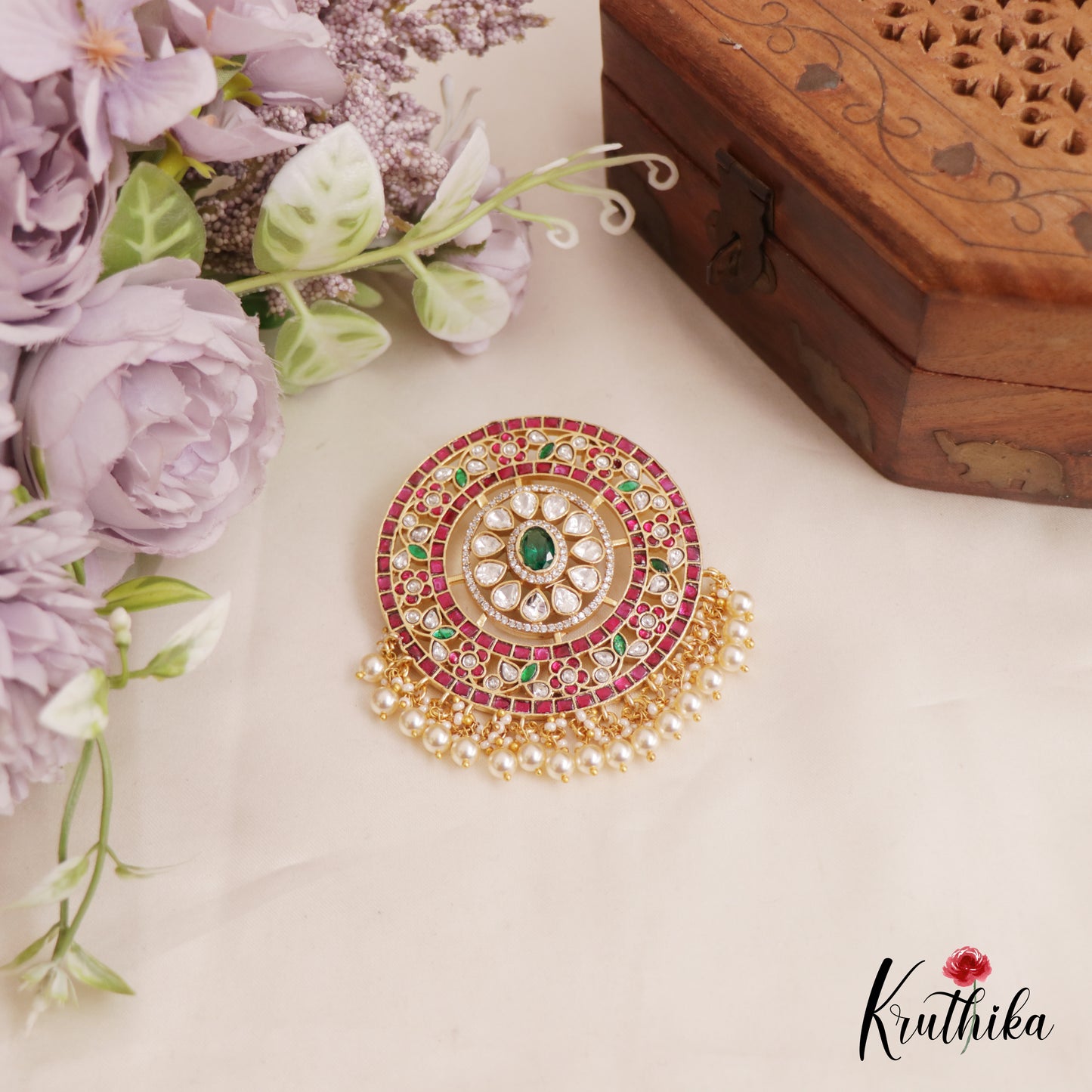 Premium Floral Jadau Pendant With Pearl And Bead Drops PS252