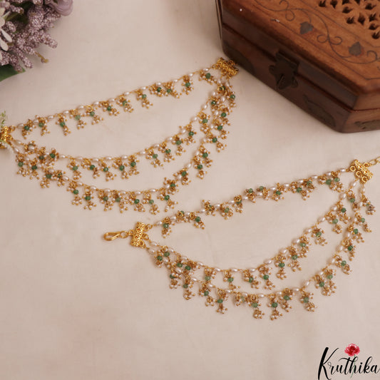 Elegant Triple Pearl Strand Earchains With Green Bead Drops EC222