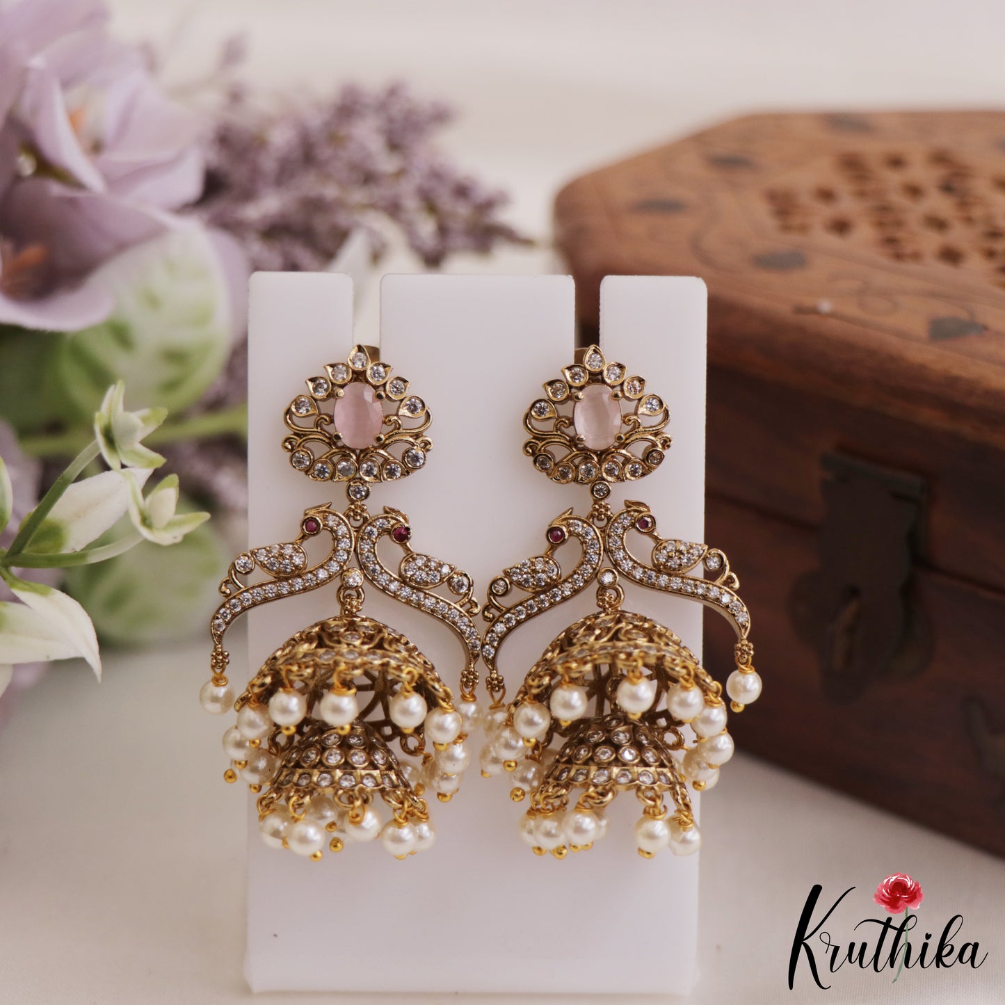 Stunning AD Peacock Jhumkas With Pearl Drops E876 (Available In 2 Colors)