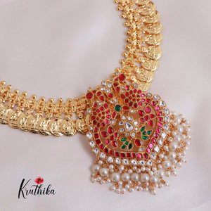 Premium Gold Finish Laxmi Coin Haaram With Jadau  Pendant LH1781