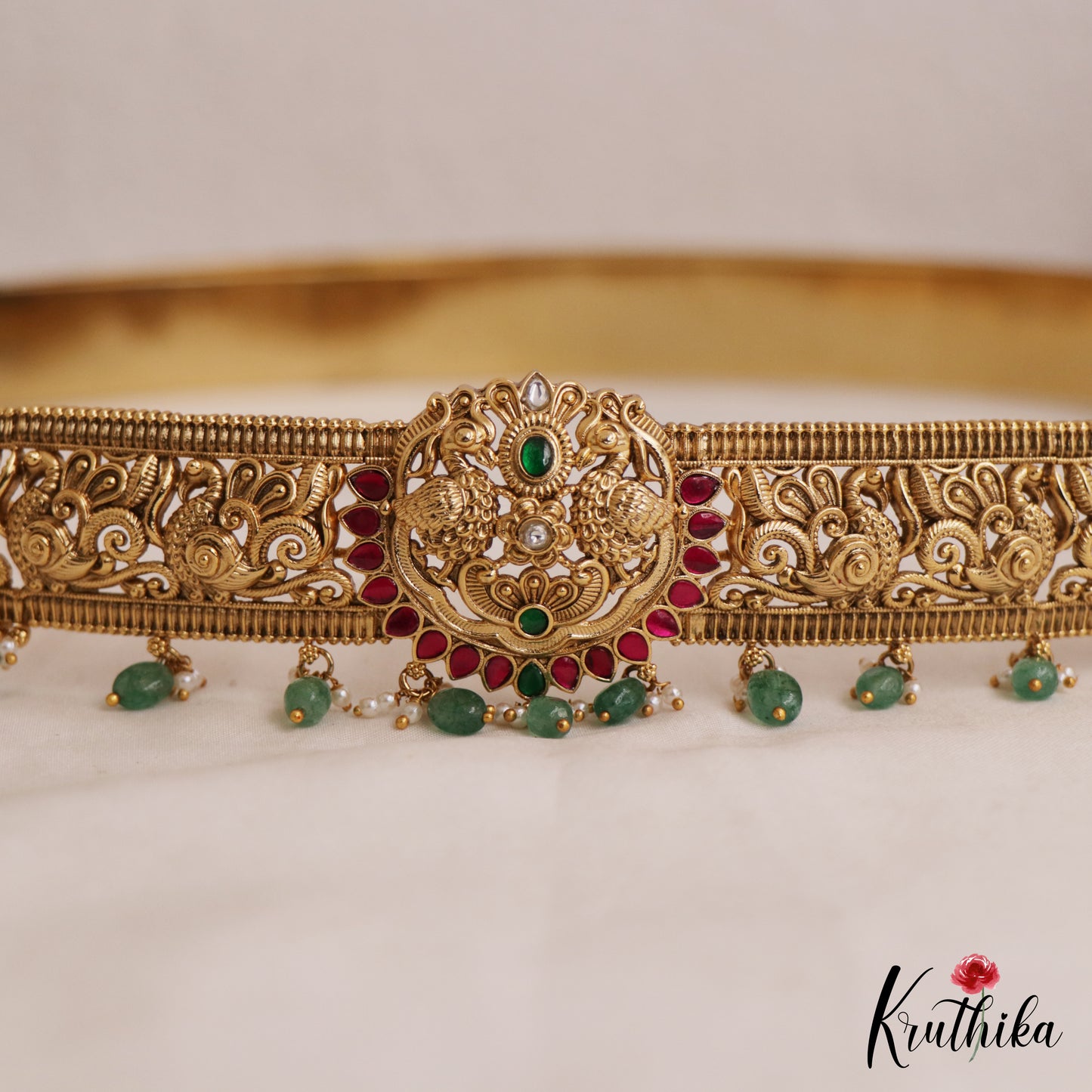 Premium Antique Peacock Motifs Kemp Hip Belt With Bead Drops V354 (Available In 4 Colors)