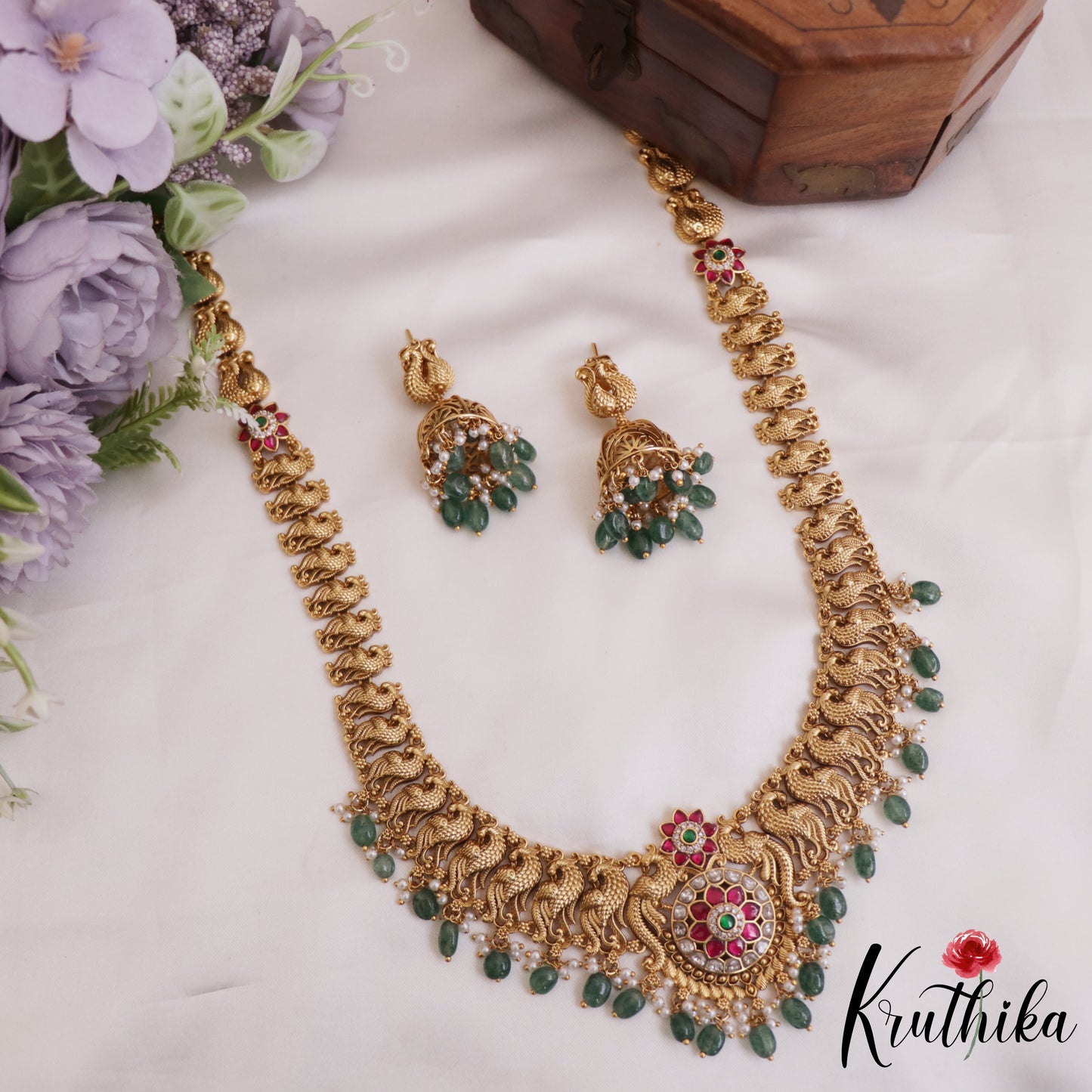 Gorgeous Antique Floral Peacock Motifs Jadau Haaram With Bead Drops LH2048 (Available In 4 Colors)