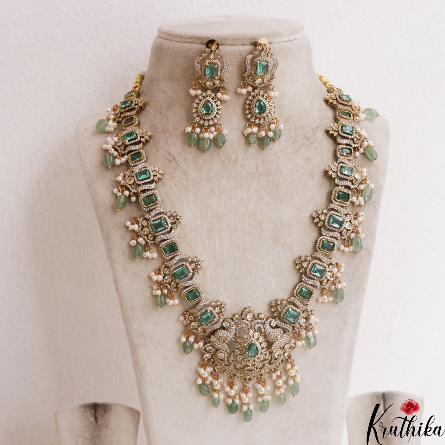 Stunning Geometric Motifs AD Victorian Haaram With Mint Green Bead Drops LH2102