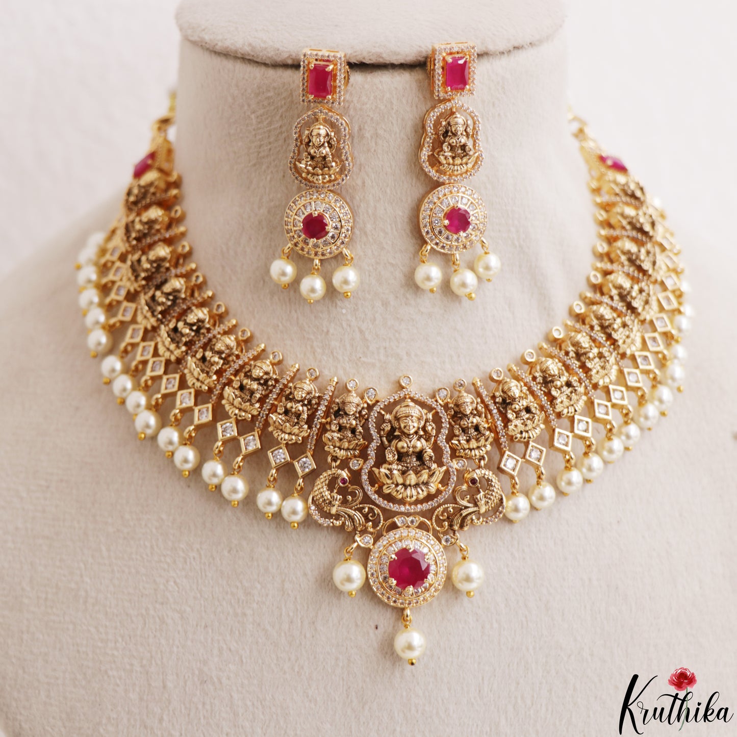 Premium Antique Nagas Lakshmi Motifs Temple Choker With Pearl Drops NC3178 (Available In 2 Colors)