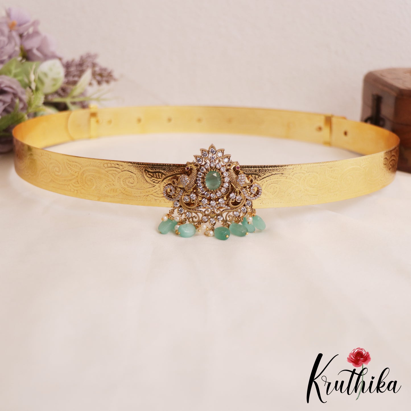 Elegant AD Peacock Motifs Hip Belt With Bead Drops V346 (Available In 4 Colors)