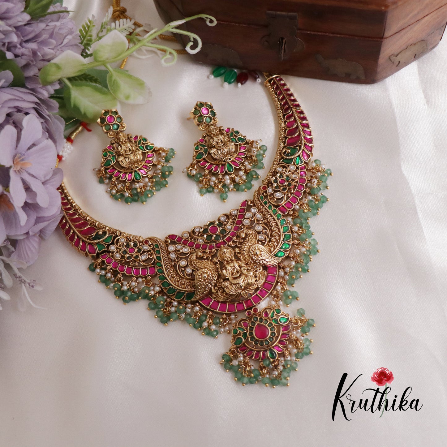 Royal Temple Lakshmi Peacock Jadau Necklace with Golden Beads Drops NC2418 ( Available in 2 colours)