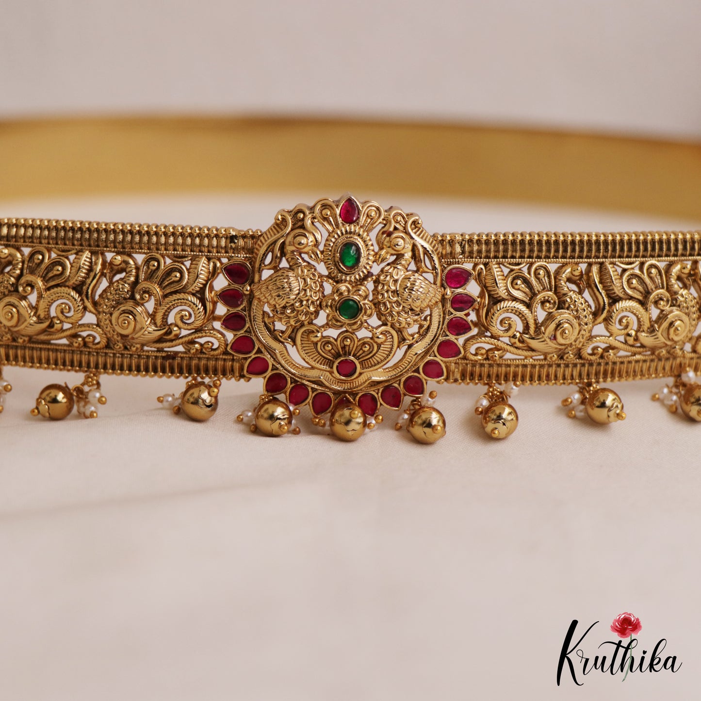 Premium Antique Peacock Motifs Kemp Hip Belt With Bead Drops V354 (Available In 4 Colors)