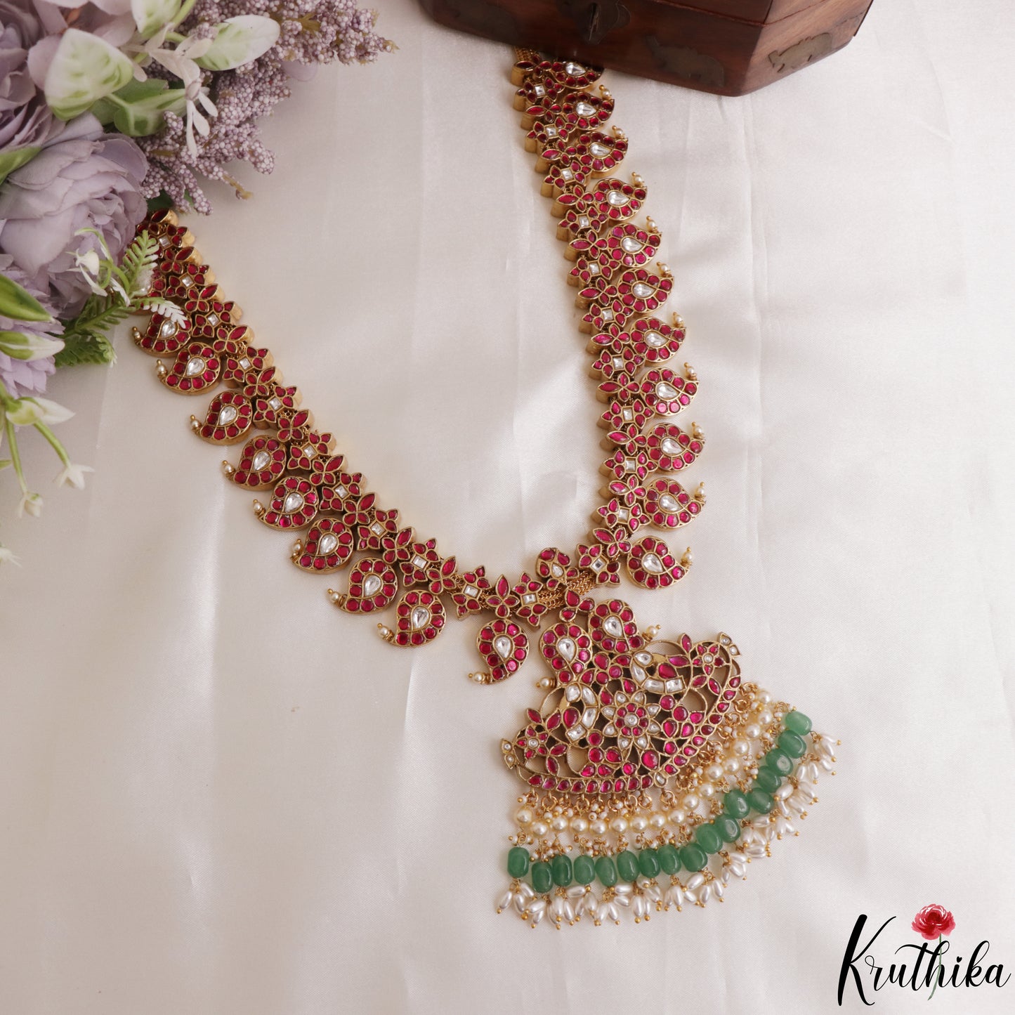 Grand Two-In-One Reversible Mango Peacock Motifs Jadau Haaram With Green Bead Drops LH2141